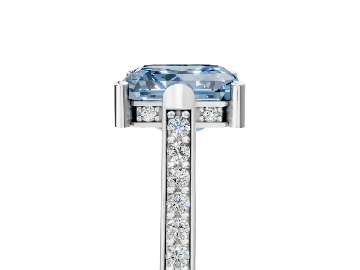 Fancy Blue Asscher Cut Solitaire Diamond Ring with Channel Set Band and Bezel Prong Setting Platinum