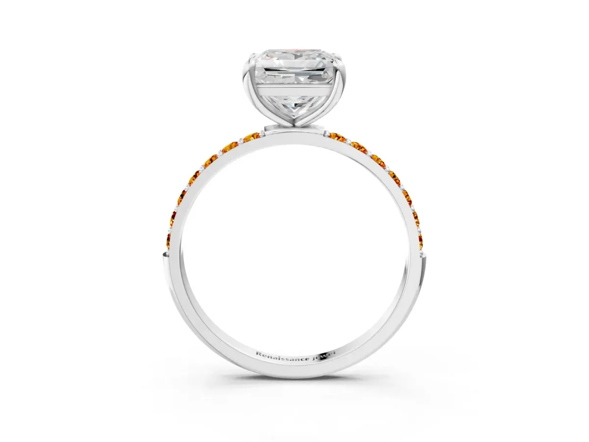 Princess Cut Diamond Solitaire Ring with Round Citrine Pavé Band and Prong Setting Silver