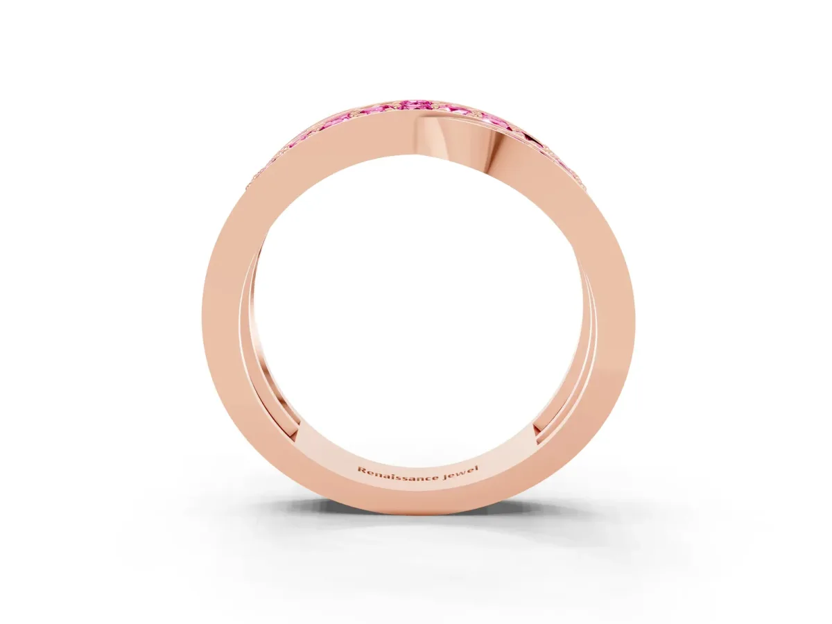 Pavé Round Pink Sapphire Crossover Band with Bead Prong Setting Rose gold