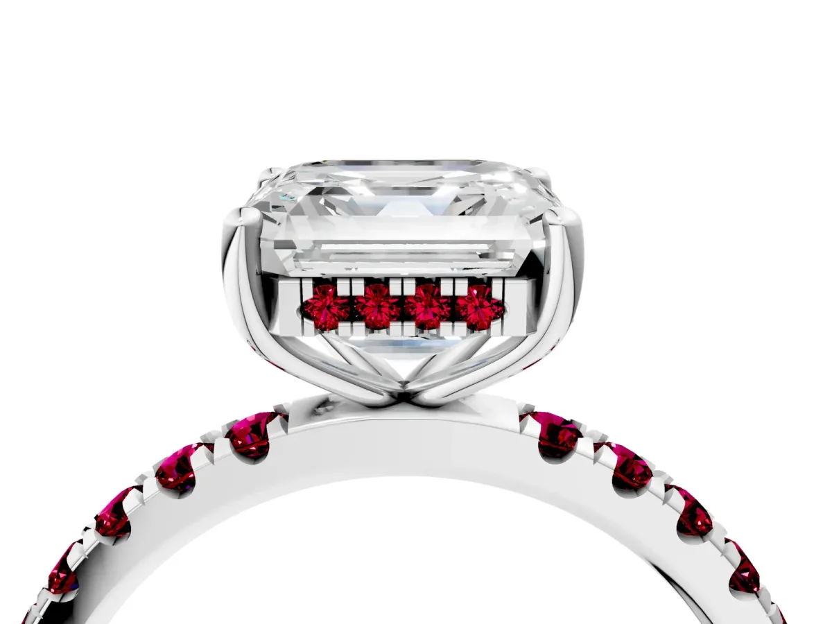 Asscher Cut Diamond Pave Band Solitaire Ring with Round Garnet and Prong Setting Platinum