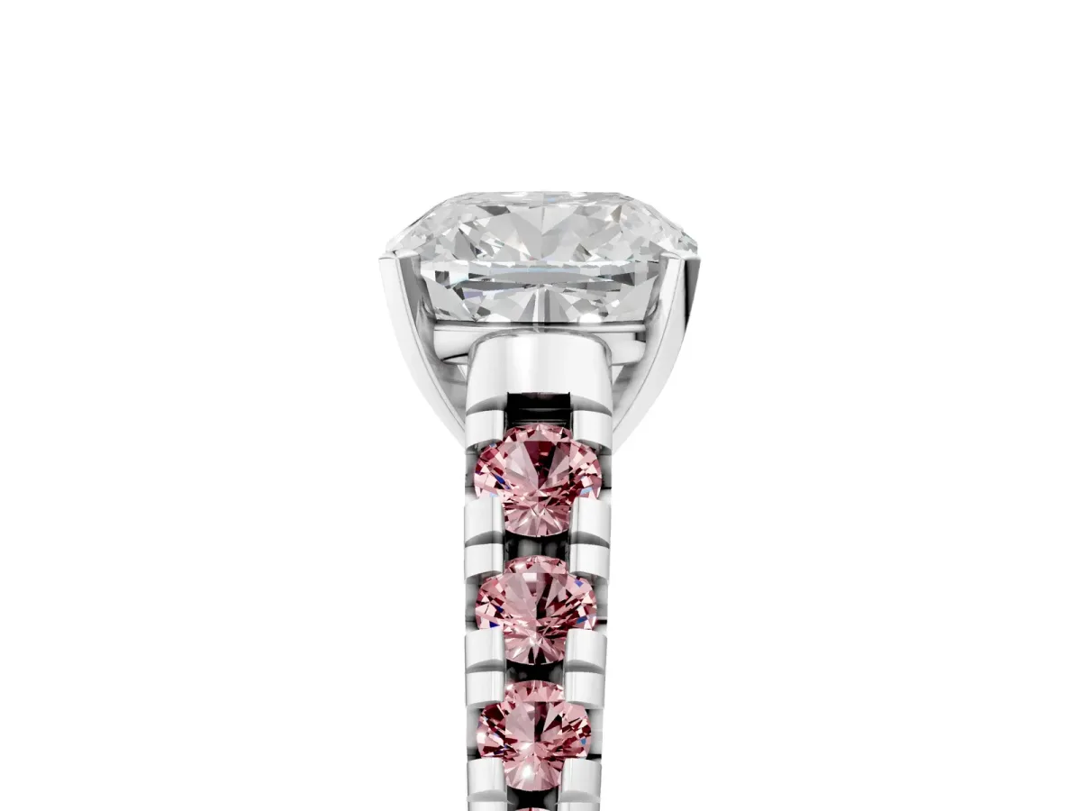 Cushion Cut Diamond Cathedral Solitaire Ring with Round Morganite Pavé Band Silver