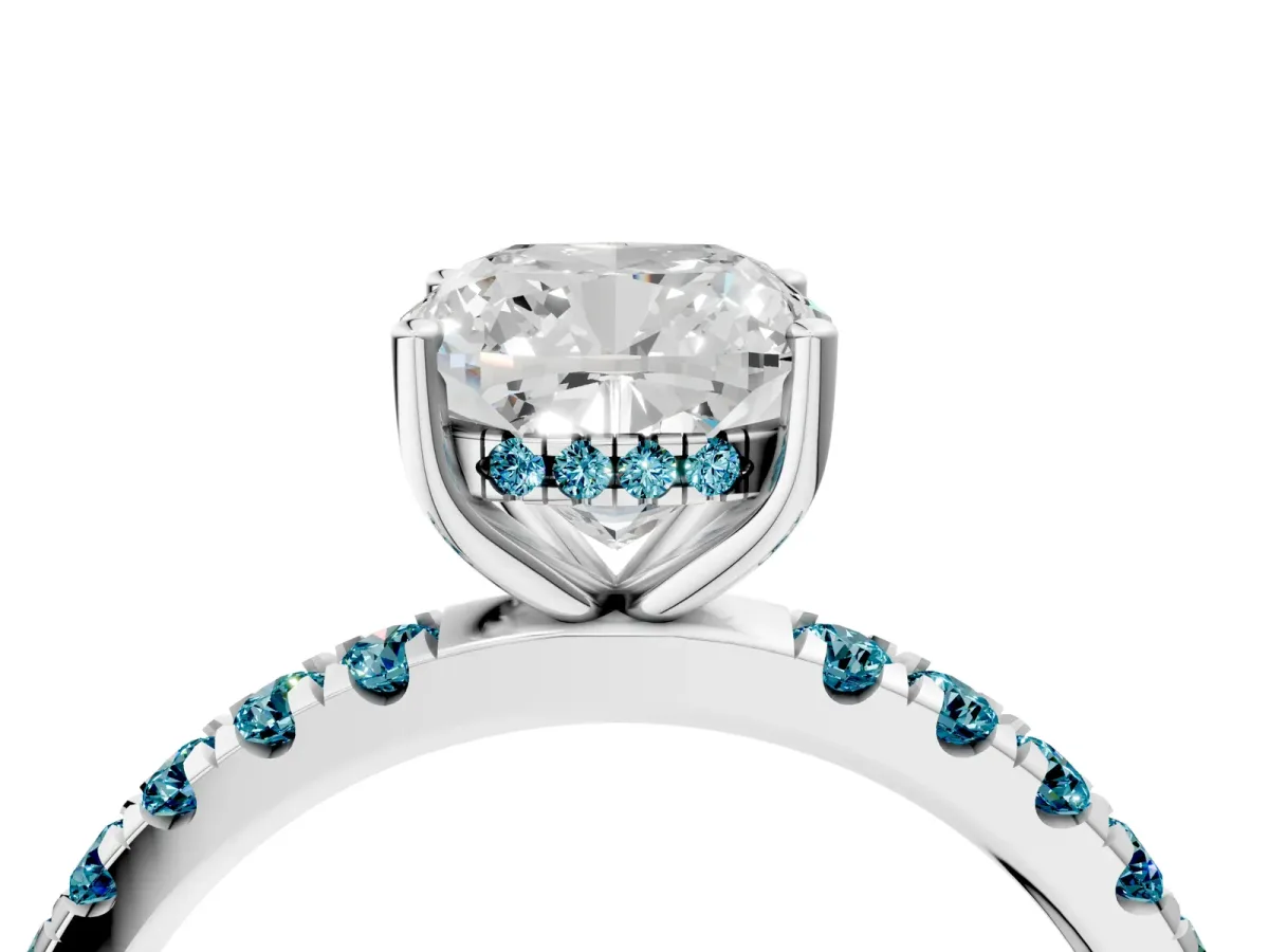 Cushion Cut Diamond Pave Band Solitaire Ring with Round Blue Topaz and Prong Setting Silver