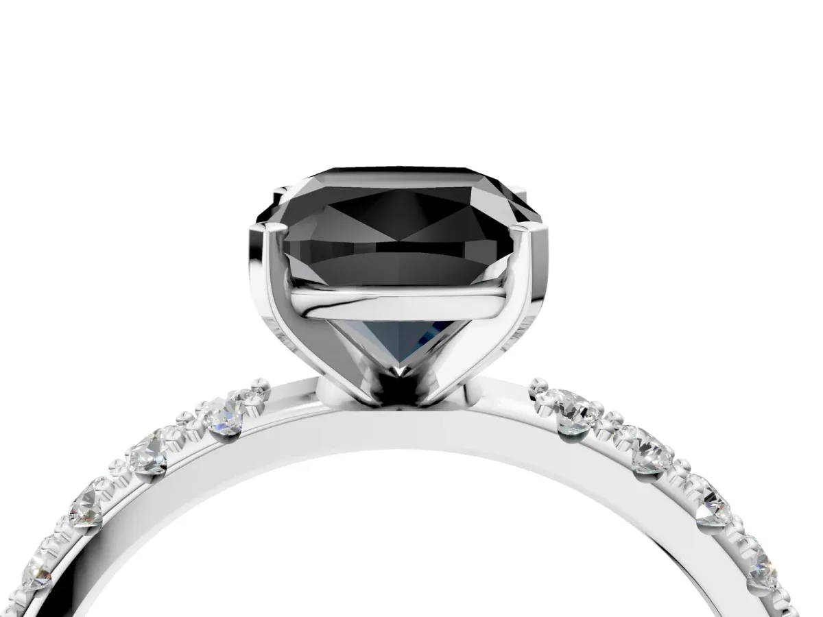 Fancy Black Cushion Cut Diamond Solitaire Pavé Band with Four-Prong Setting Silver