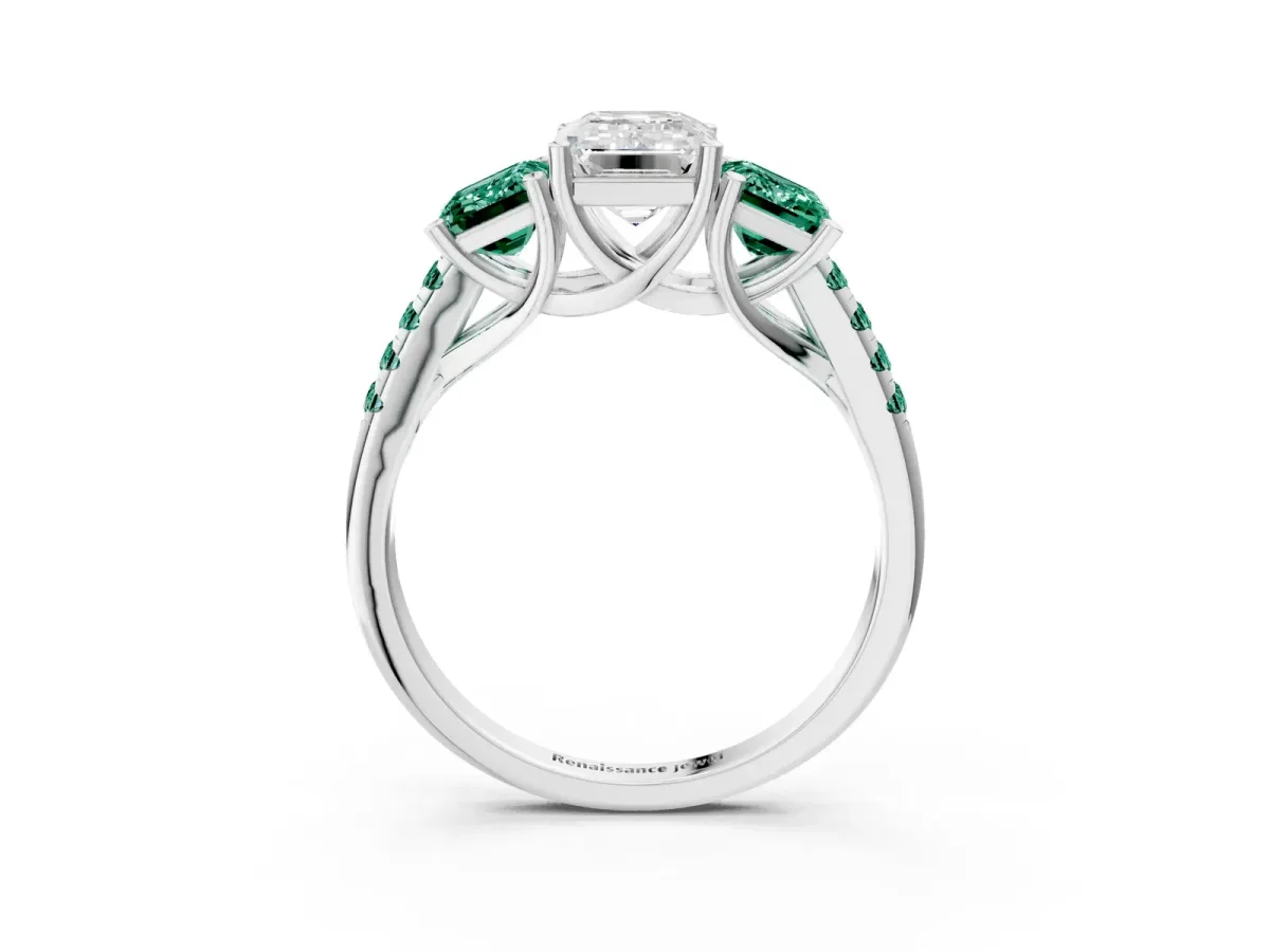 Three-Stone Emerald Cut Diamond Ring with Round Green Sapphire Pavé Band and Prong Setting Silver