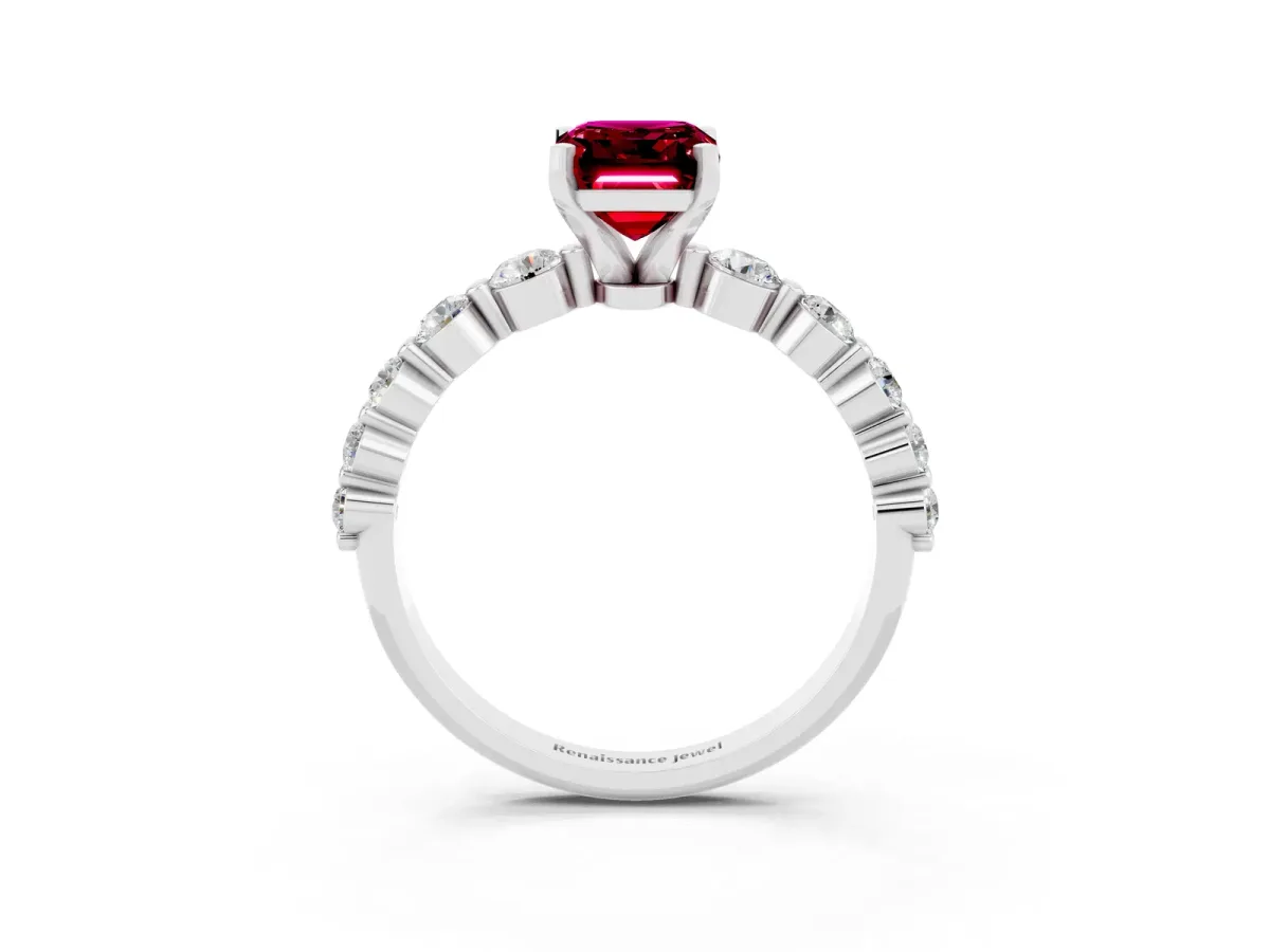 Emerald Cut Solitaire Garnet Ring with Pave Band and Four-Prong Setting Platinum