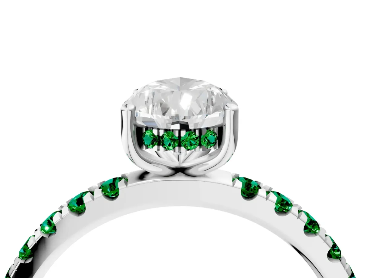Pear Cut Diamond Pave Band Solitaire Ring with Round Emerald and Prong Setting White gold