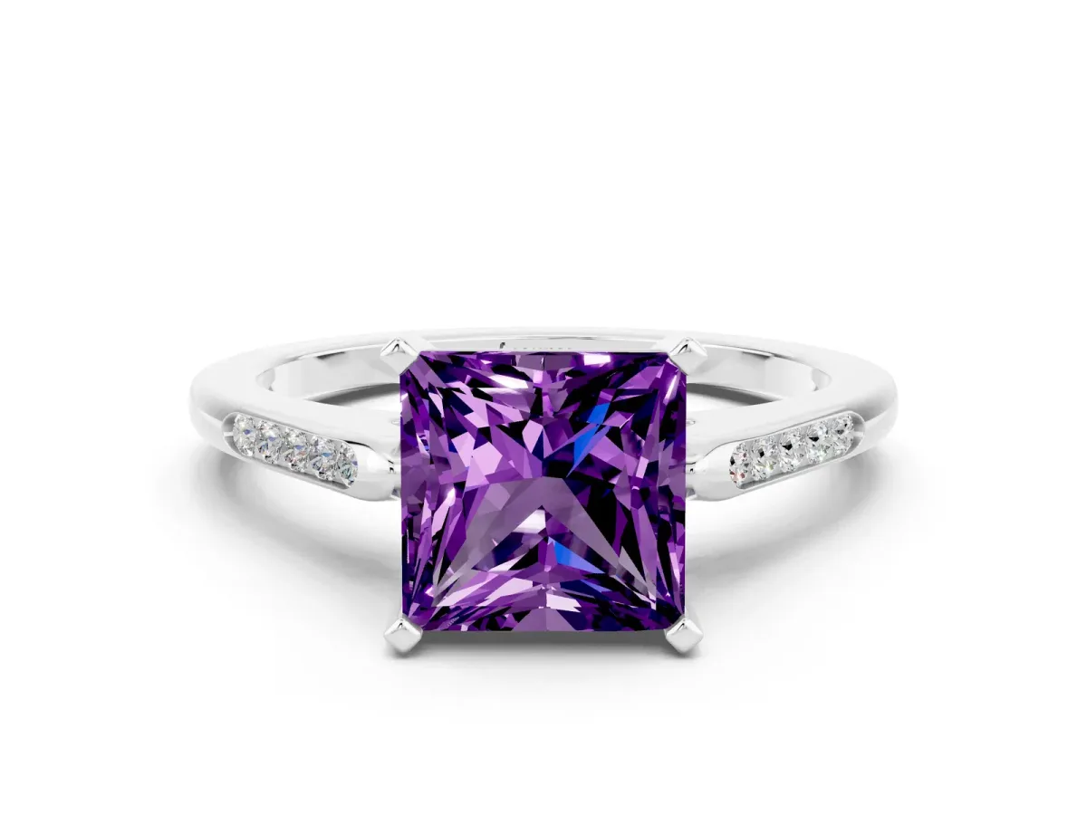 Princess Cut Amethyst Solitaire Ring with Channel Set Round Band and Prong Setting Silver