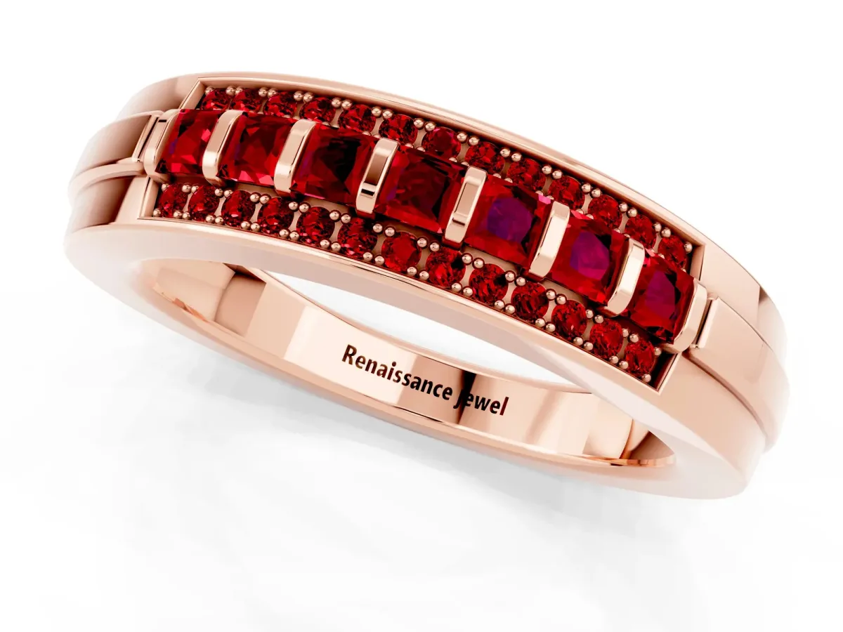 Bar-Set Princess Cut Ruby Pavé Band Rose gold