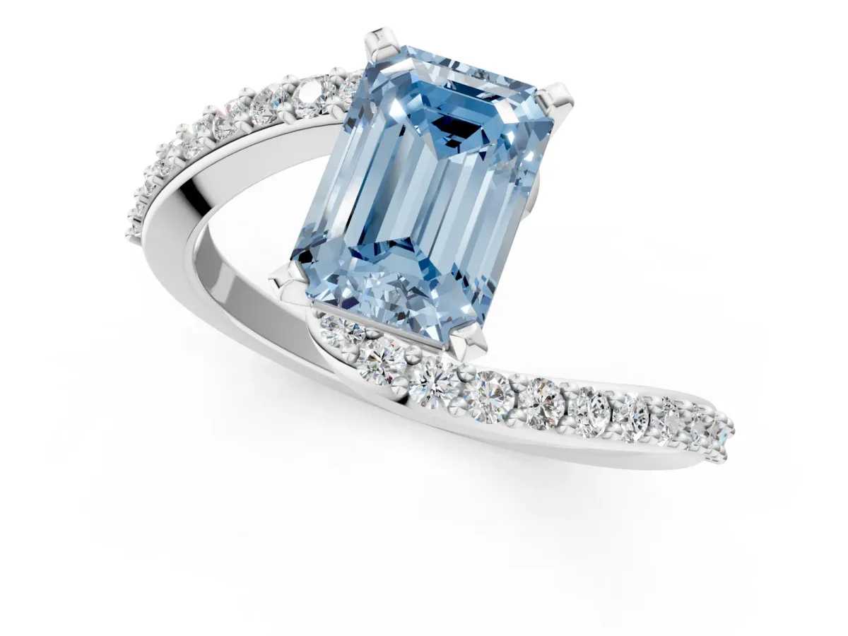 Fancy Blue Emerald Cut Solitaire Twist Band with Pave Set Diamonds and Four-Prong Setting Platinum