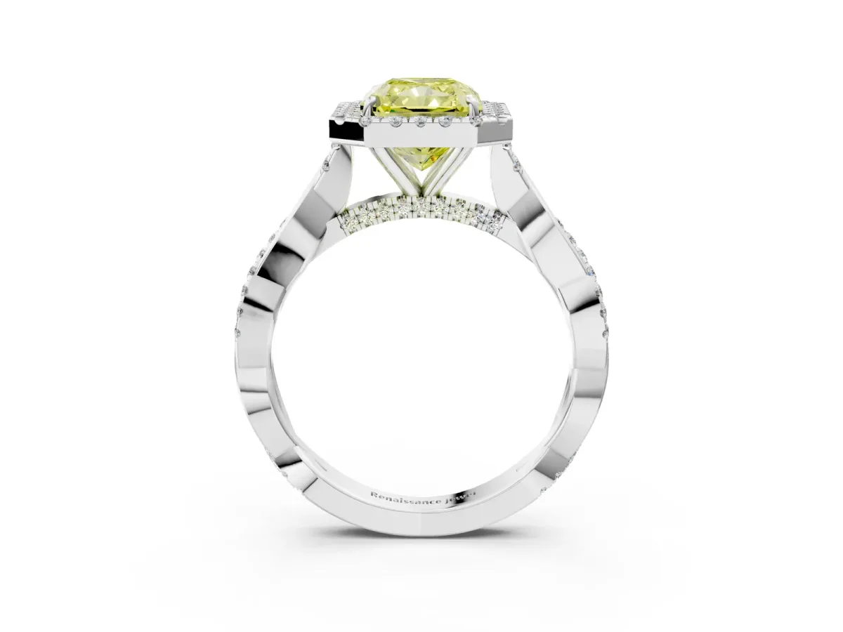 Fancy Yellow Radiant Cut Halo Twist Band Solitaire Ring Platinum