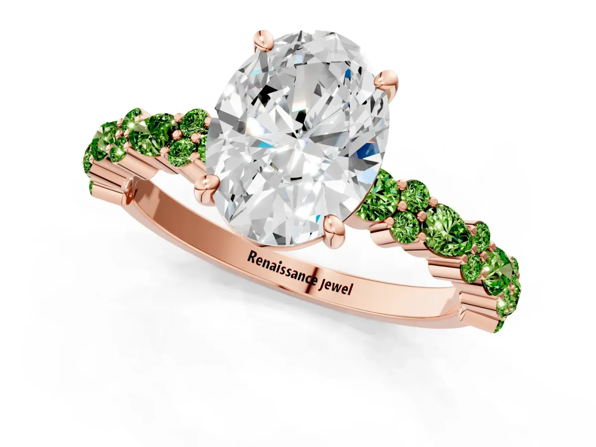 Oval Cut Diamond Side Stone Solitaire Ring with Round Peridot and Four-Prong Setting Rose gold