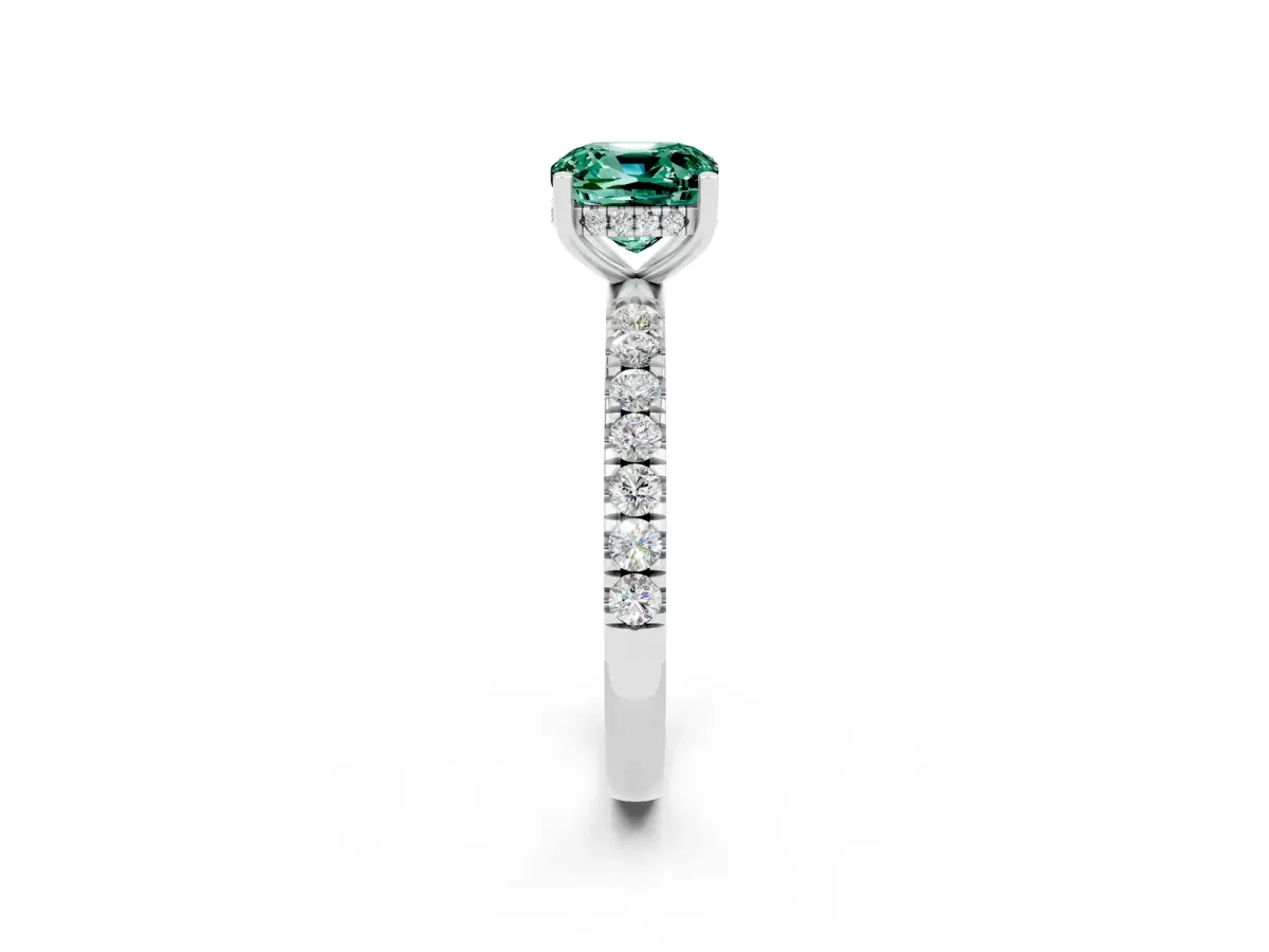Cushion Cut Green Sapphire Pave Band Solitaire Ring with Round and Prong Setting Silver