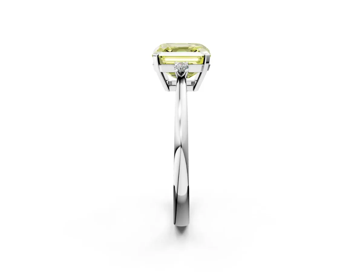 Fancy Yellow Asscher Cut Cut Three-Stone Solitaire Ring with Round Accent Diamonds and Four-Prong Setting Platinum