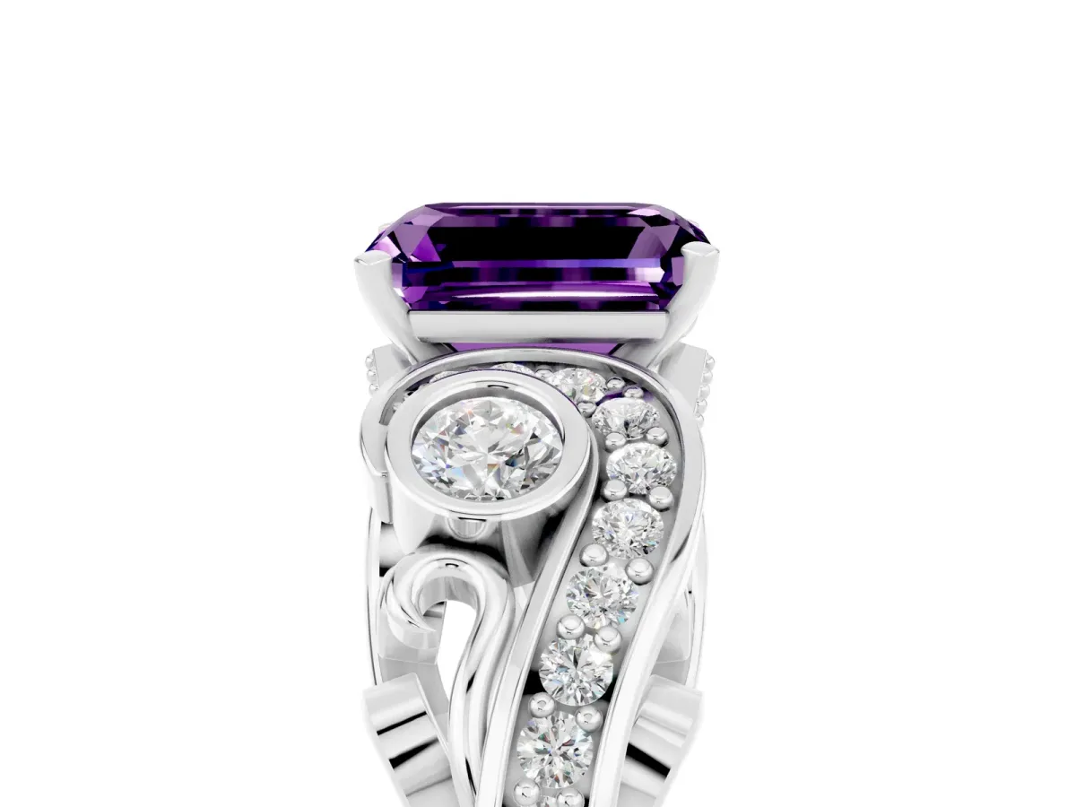 Emerald Cut Amethyst Solitaire Ring with Milgrain Pavé Band and Four-Prong Setting Silver