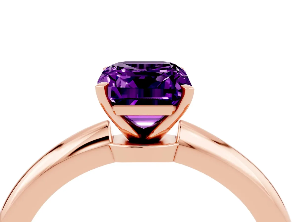 Emerald Cut Amethyst Solitaire Ring with Six-Prong Setting and Classic Band Rose gold