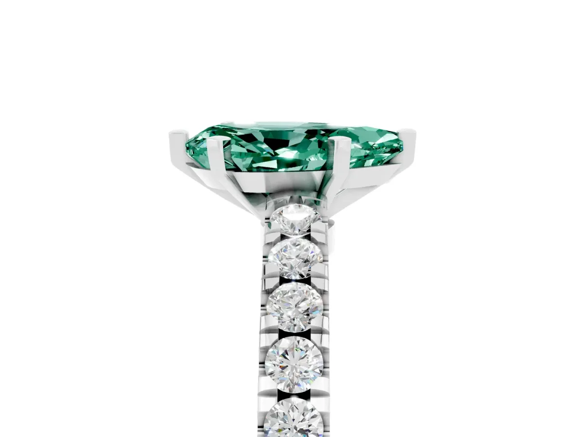 Pear Cut Solitaire Green Sapphire with Pavé Band and Four-Prong Setting Silver