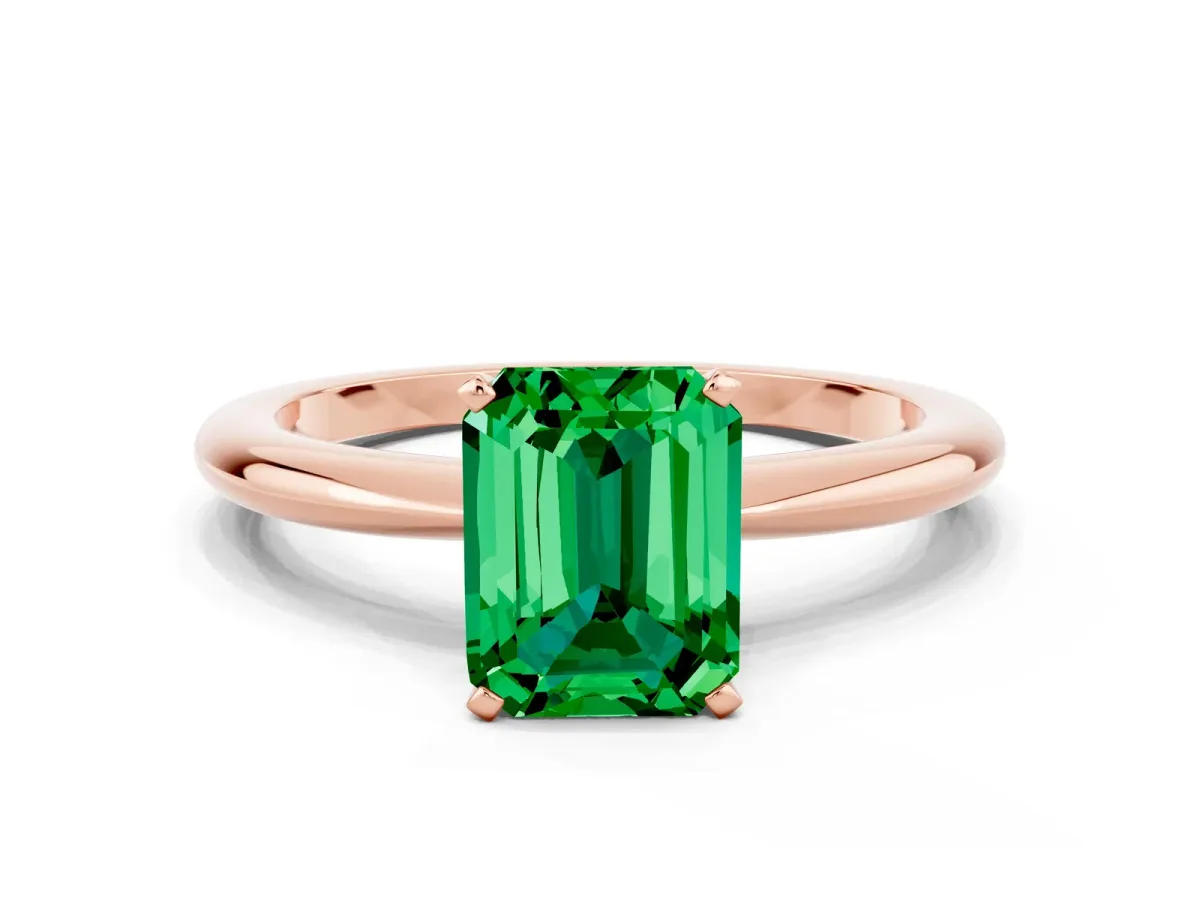 Emerald Cut Emerald Solitaire Ring with Six-Prong Setting and Classic Band Rose gold