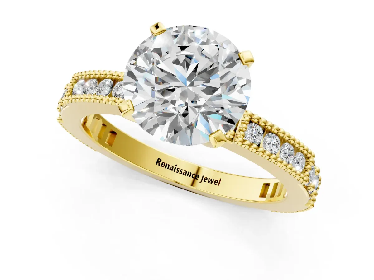 Round Cut Solitaire with Pavé Band and Four-Prong Setting Yellow gold