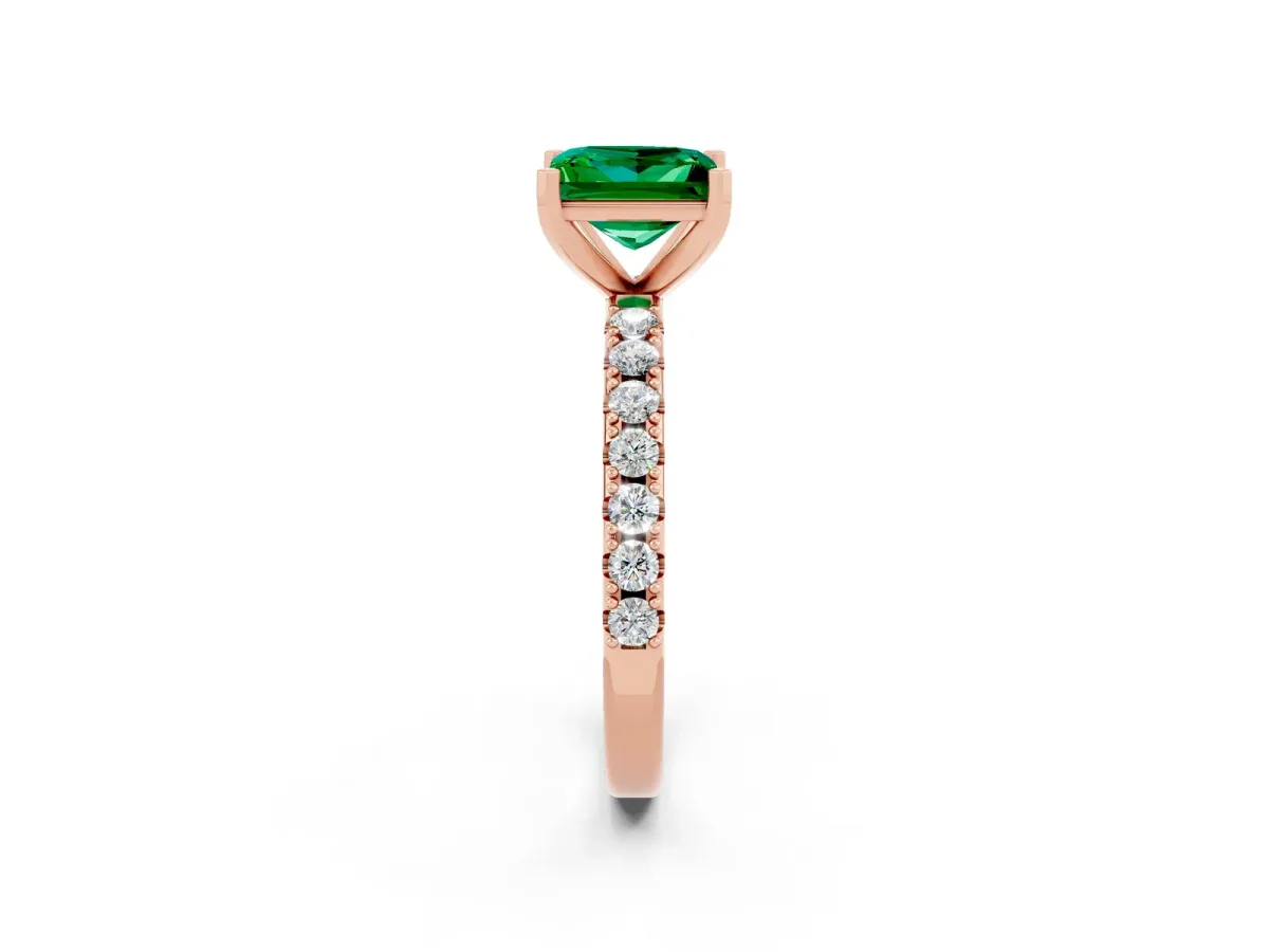 Princess Cut Emerald Solitaire Pavé Band with Four-Prong Setting Rose gold