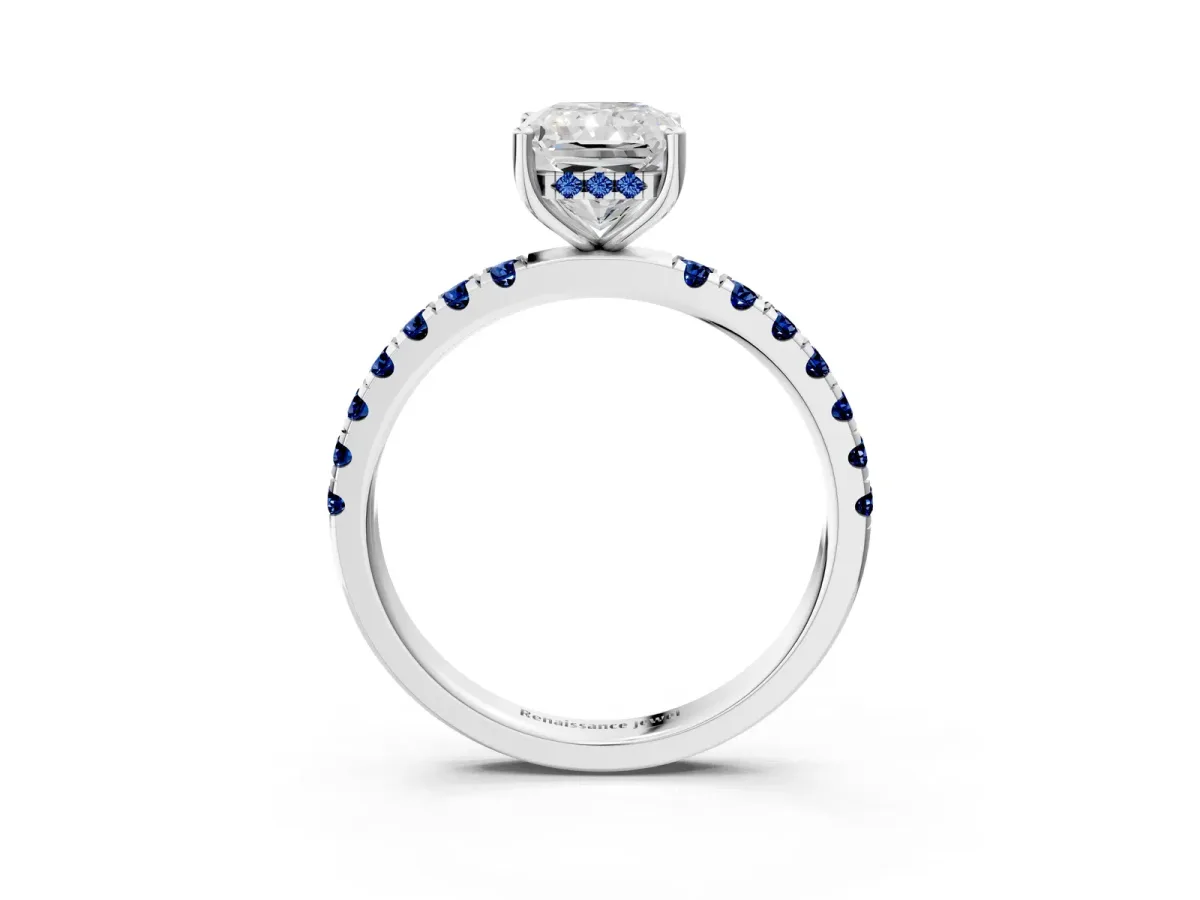 Radiant Cut Diamond Pave Band Solitaire Ring with Round Blue Sapphire and Prong Setting Silver