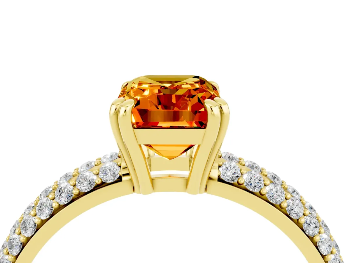 Emerald Cut Citrine Vintage Milgrain Ring with Round Stations Yellow gold