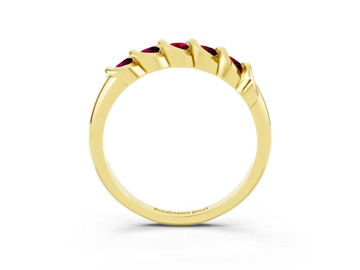Round Garnet Eternity Band with Twist Prong Setting Yellow gold