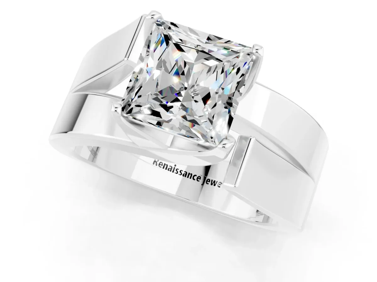 Modern Tension Set Princess Cut Moissanite Solitaire Wide Band Ring Silver