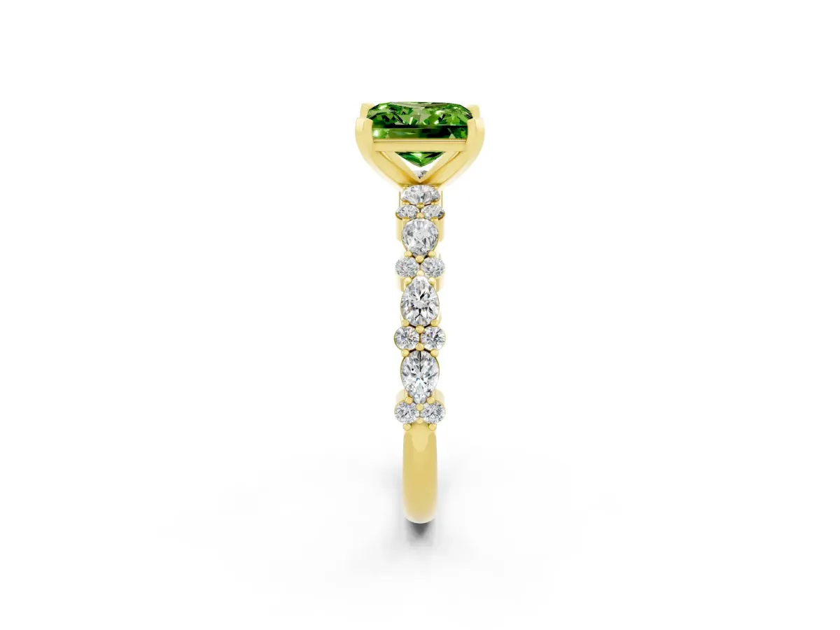 Princess Cut Peridot Side Stone Solitaire Ring with Round and Four-Prong Setting Yellow gold