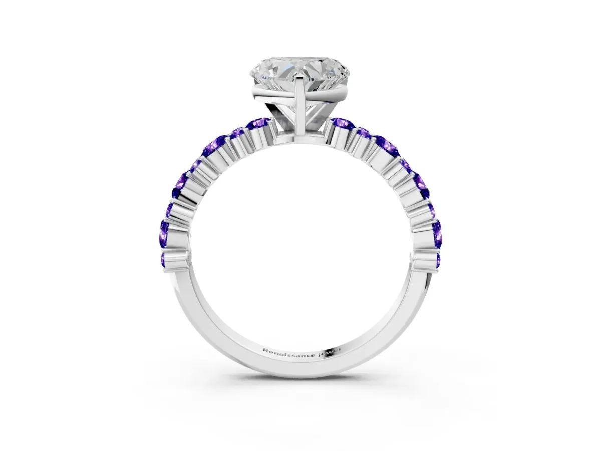Heart Cut Diamond Side Stone Solitaire Ring with Round Tanzanite and Four-Prong Setting Platinum