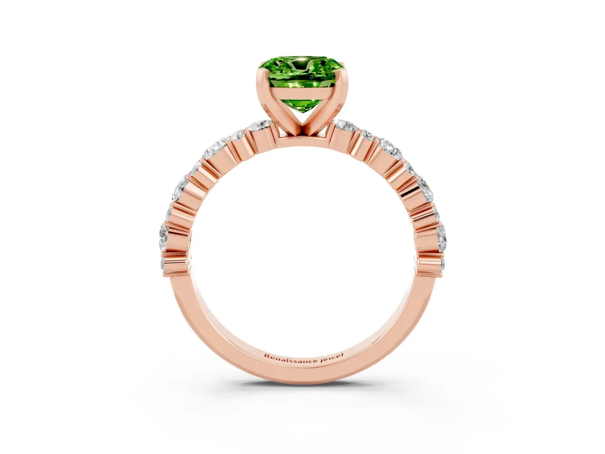 Cushion Cut Peridot Side Stone Solitaire Ring with Round and Four-Prong Setting Rose gold