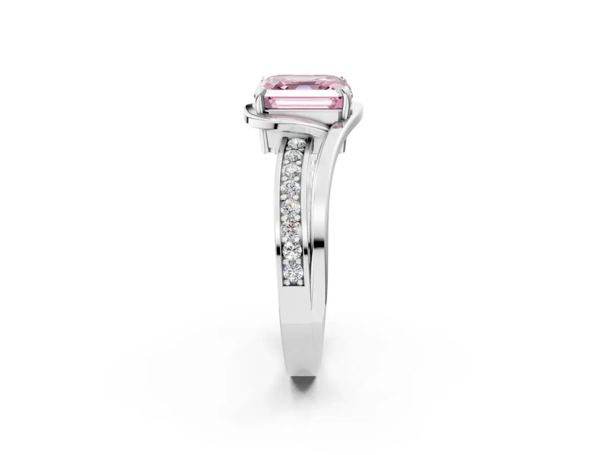 Fancy Pink Asscher Cut Diamond Solitaire Ring with Split Shank and Prong Setting Platinum