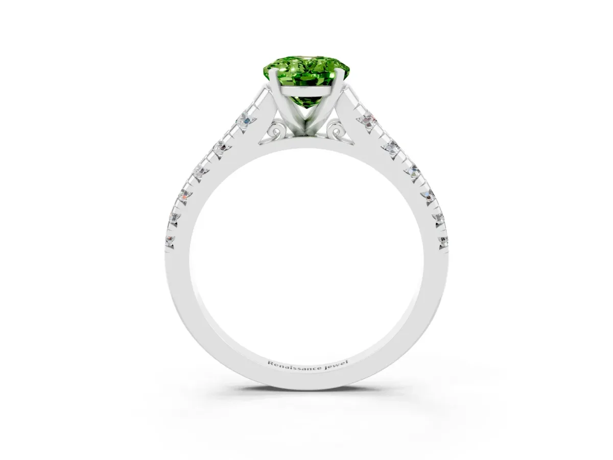Oval Cut Peridot Cathedral Solitaire Ring with Round Pavé Band Silver