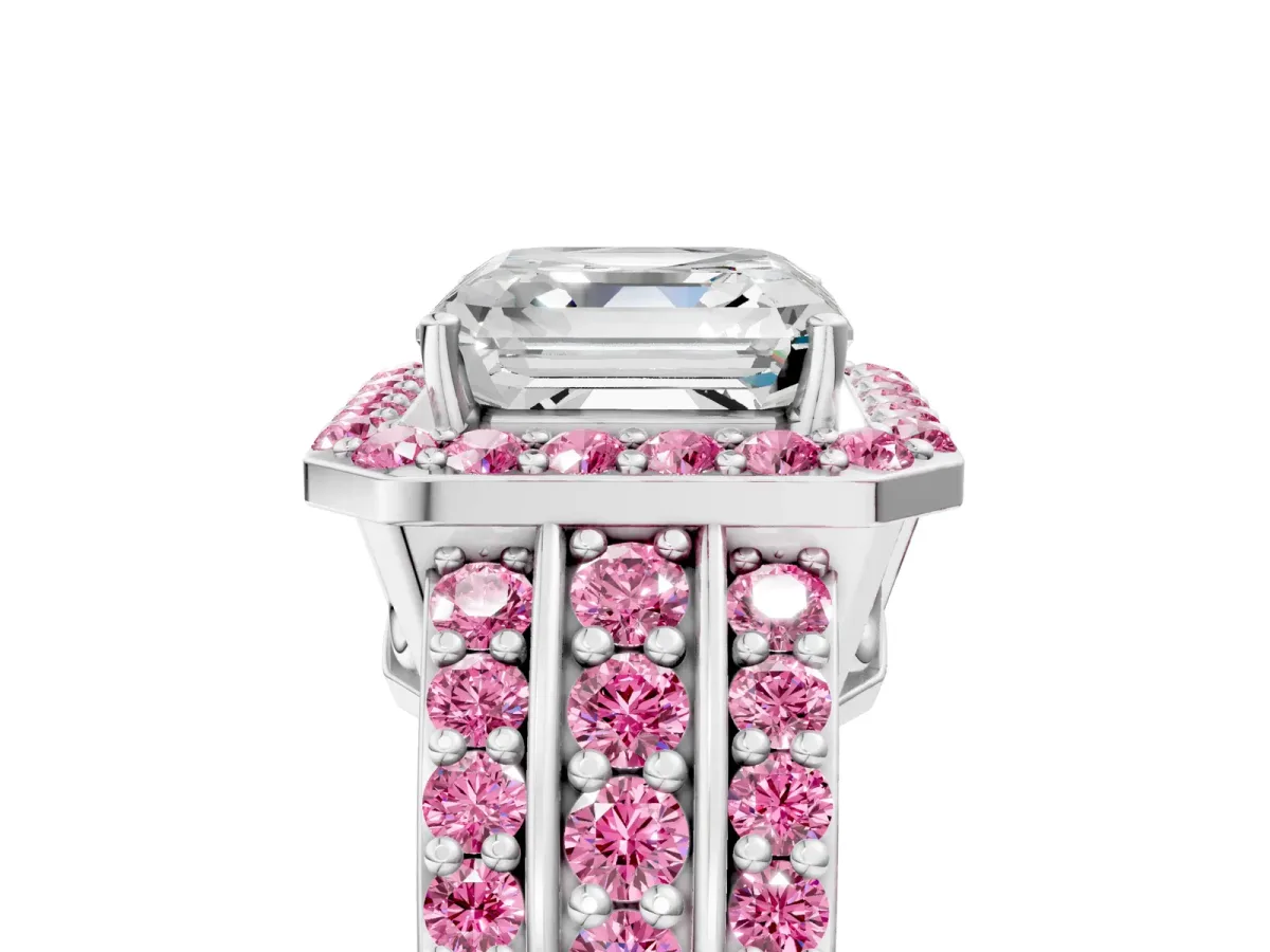 Asscher Cut Halo Diamond Ring with Round Pink Sapphire Split Shank and Prong Setting Silver