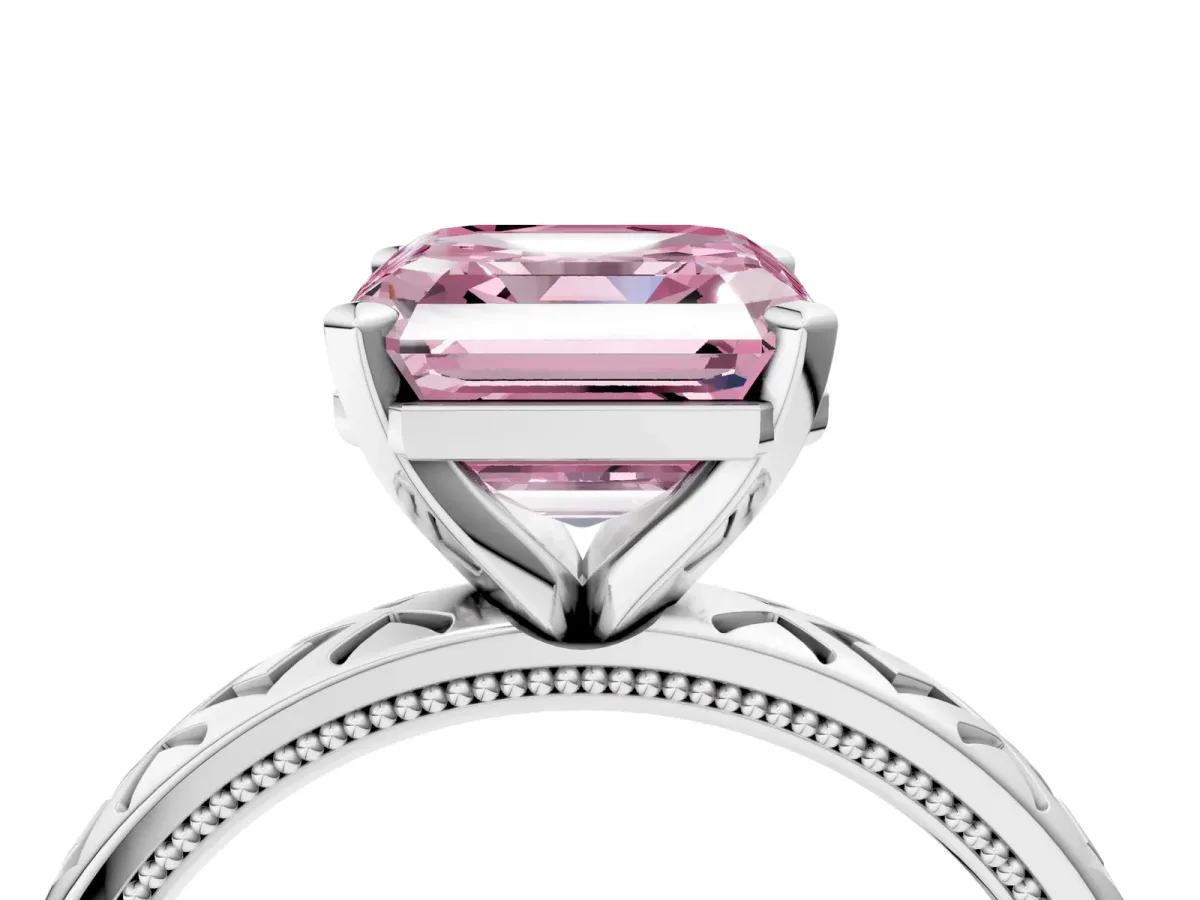 Fancy Pink Asscher Cut Solitaire Diamond Ring with Milgrain and Black Enamel X Pattern Band Platinum