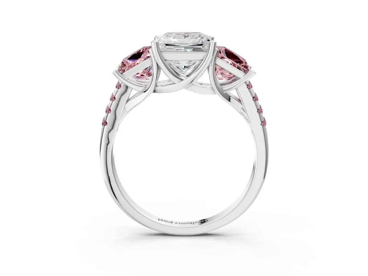 Three-Stone Princess Cut Diamond Ring with Round Morganite Pavé Band and Prong Setting Silver