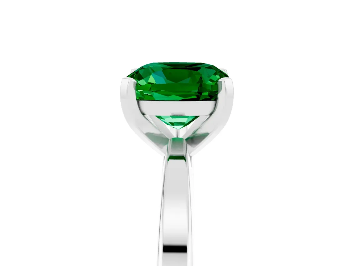 Cushion Cut Emerald Solitaire Engagement Ring with Classic Band and Four-Prong Setting Silver