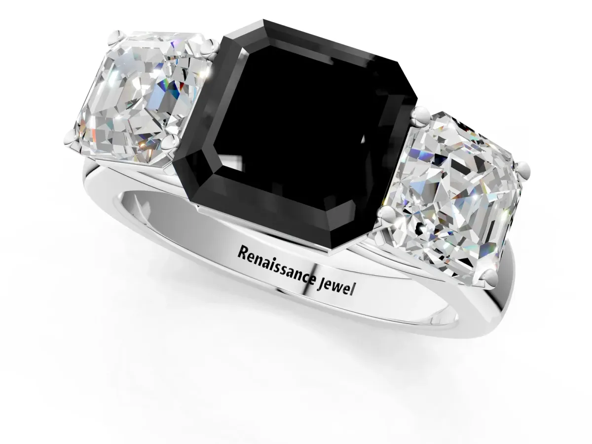 Fancy Black Asscher Cut Three-Stone Diamond Ring with Prong Setting on a Classic Band Platinum