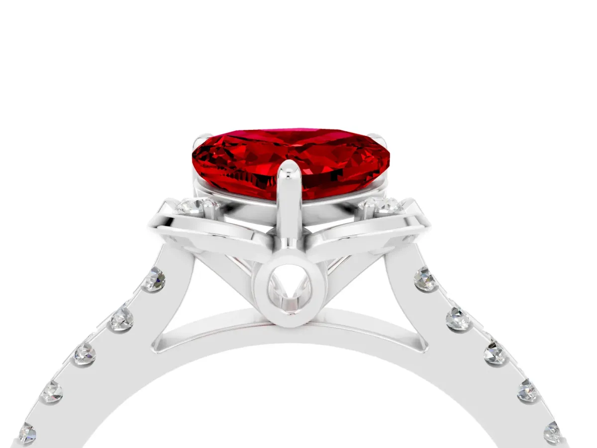 Heart Cut Ruby Ring with Pavé Band and Floral Prong Setting Silver