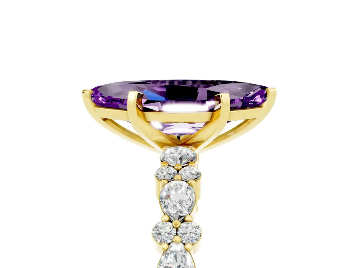 Marquise Cut Amethyst Side Stone Solitaire Ring with Round and Four-Prong Setting Yellow gold