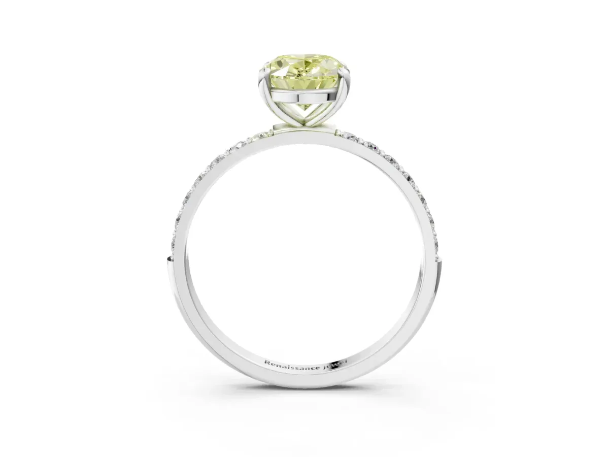 Fancy Yellow Oval Cut Diamond Solitaire Ring with Round Pavé Band and Prong Setting Silver