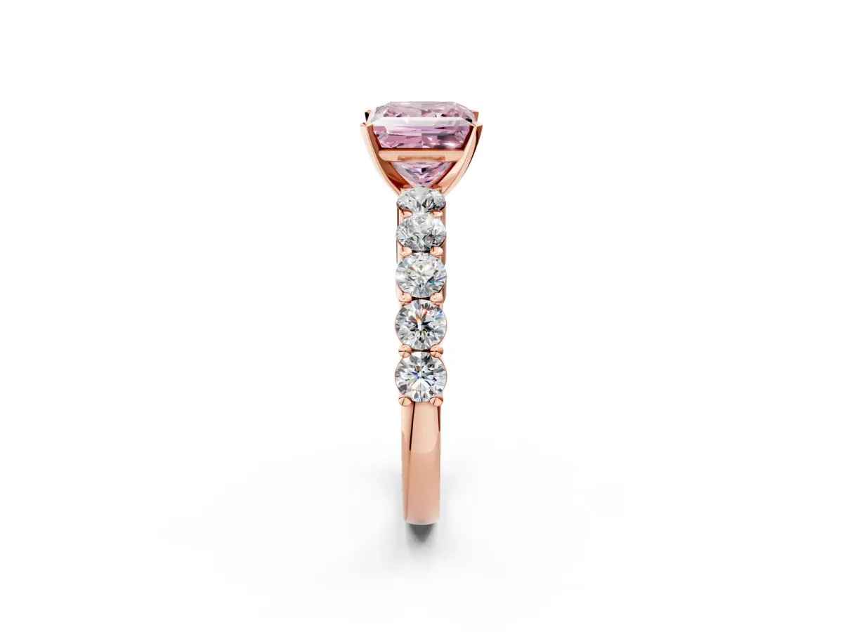 Fancy Pink Princess Cut Diamond Solitaire Ring with Shared Prong Round Side Stones Rose gold