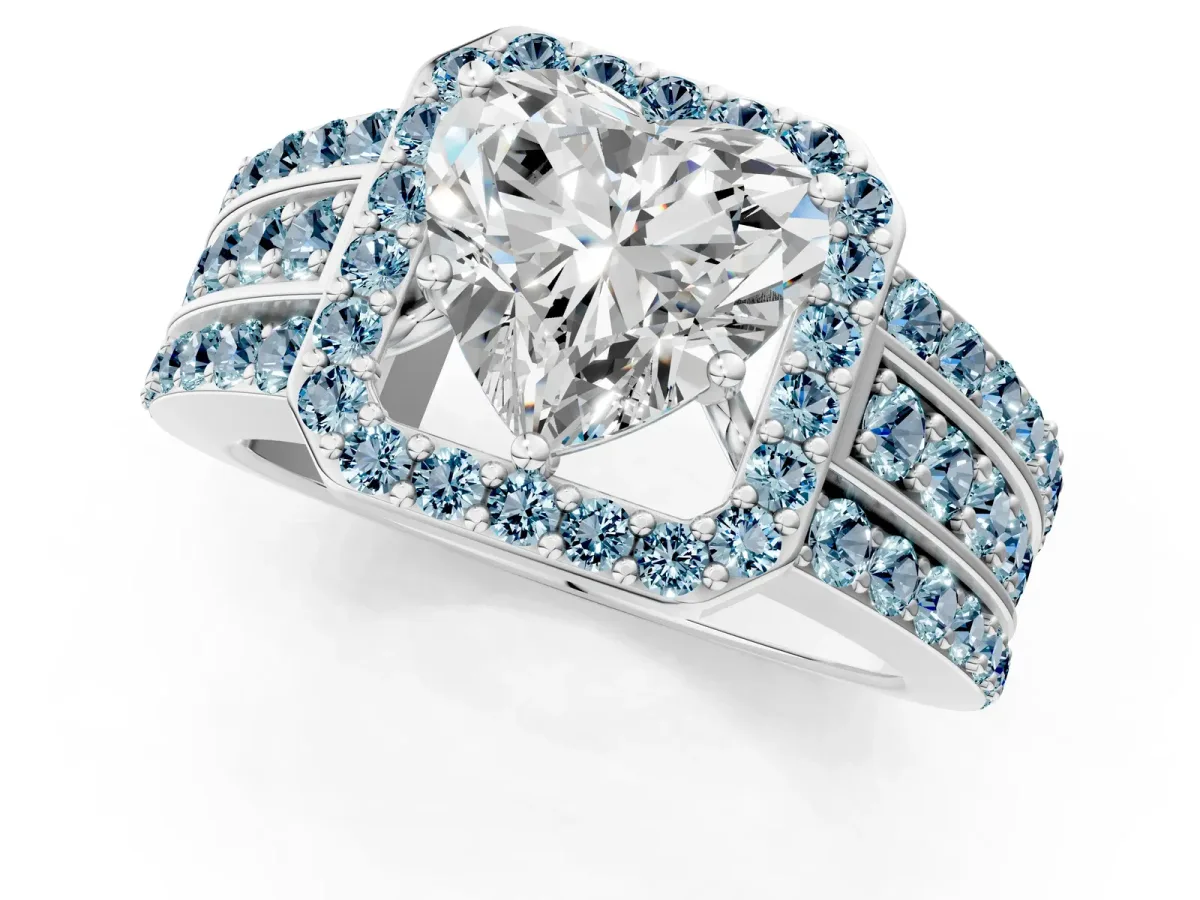 Heart Cut Halo Diamond Ring with Round Aquamarine Split Shank and Prong Setting Silver
