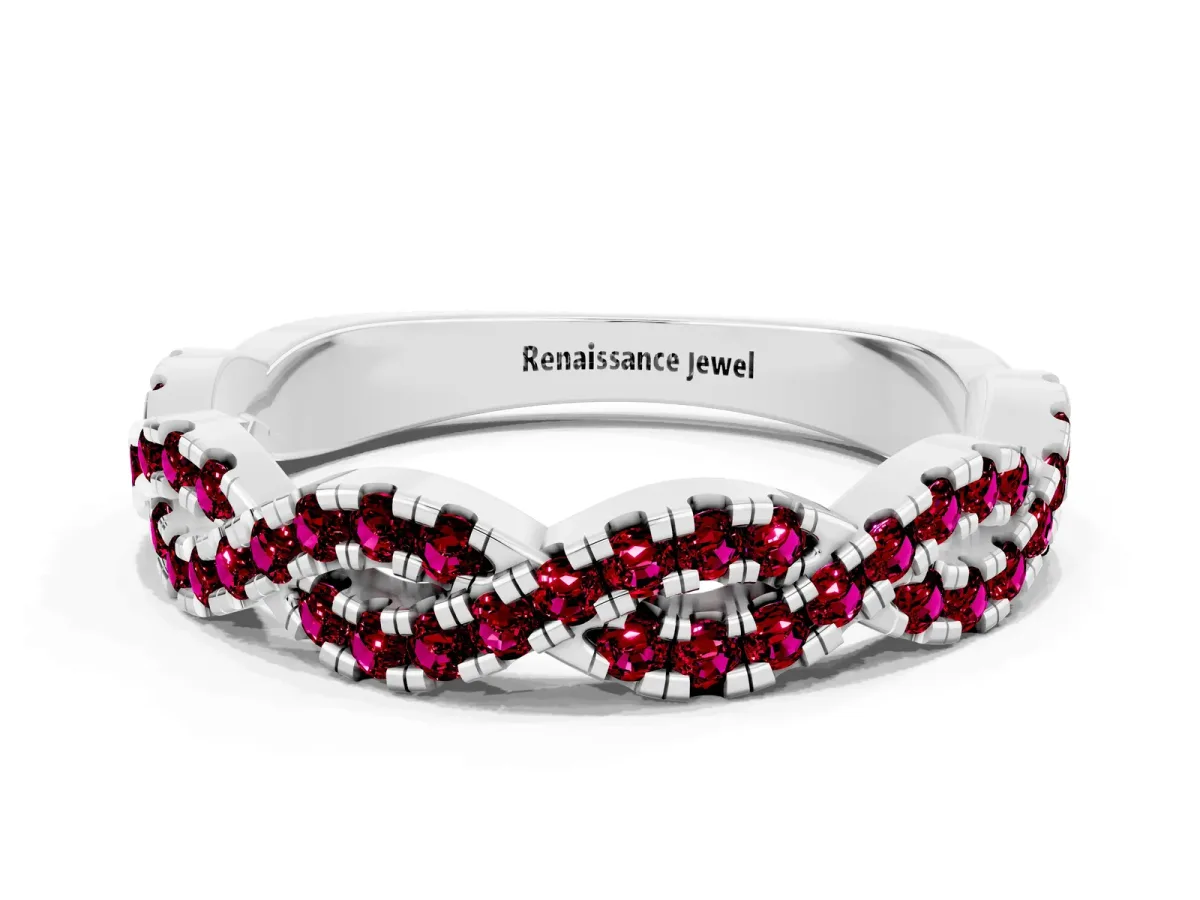 Round Garnet Twisted Eternity Band with Pavé and Shared Prong Setting Platinum