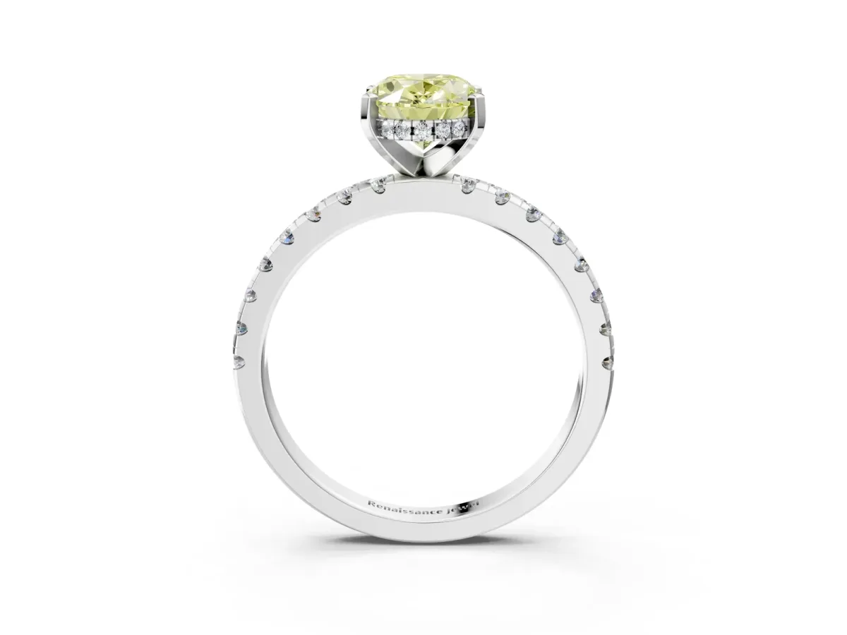 Fancy Yellow Oval Cut Diamond Solitaire Ring with Round Pavé Band and Four-Prong Setting Silver