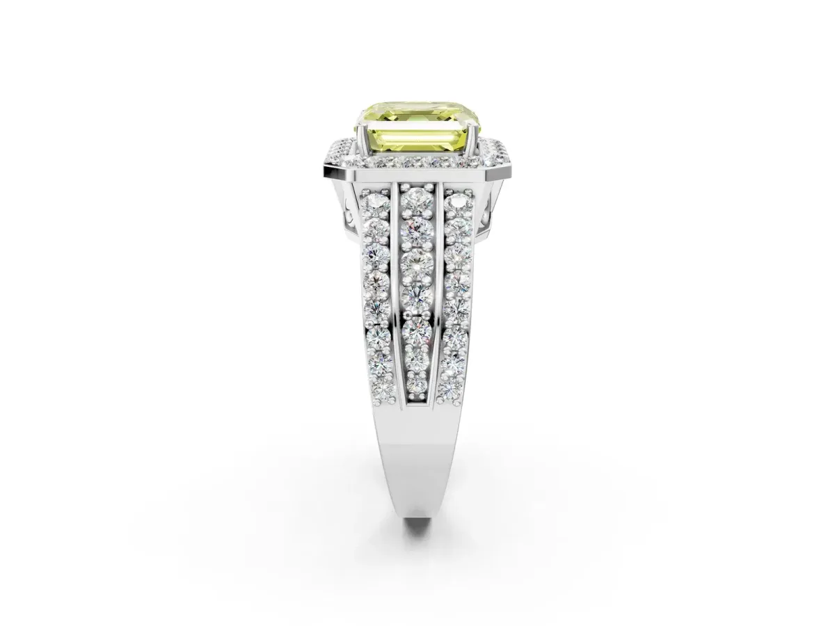 Fancy Yellow Asscher Cut Halo Diamond Ring with Round Split Shank and Prong Setting Silver