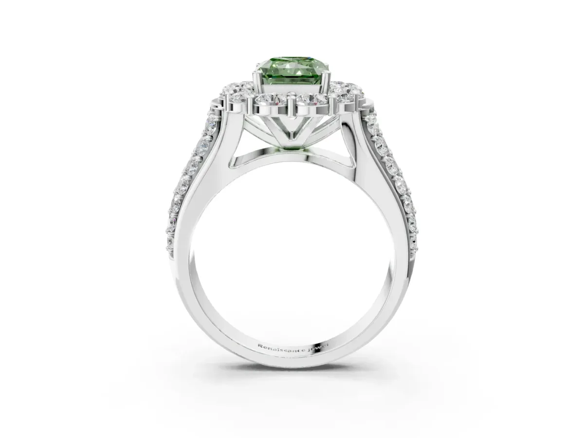 Fancy Green Radiant Cut Halo Diamond Engagement Ring with Split Shank and Prong Setting Platinum