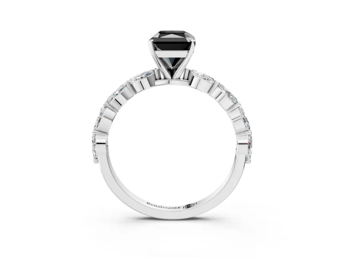Fancy Black Radiant Cut Diamond Ring with Marquise Side Stones and Prong Setting Platinum