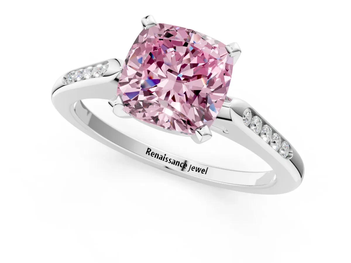 Fancy Pink Cushion Cut Diamond Solitaire Ring with Channel Set Round Band and Prong Setting Silver