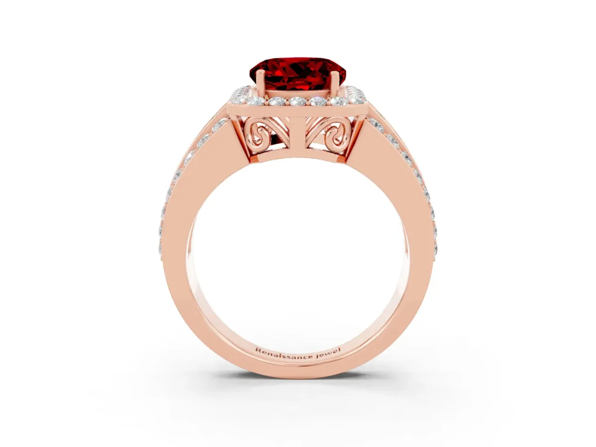 Round Cut Halo Ruby Ring with Round Split Shank and Prong Setting Rose gold