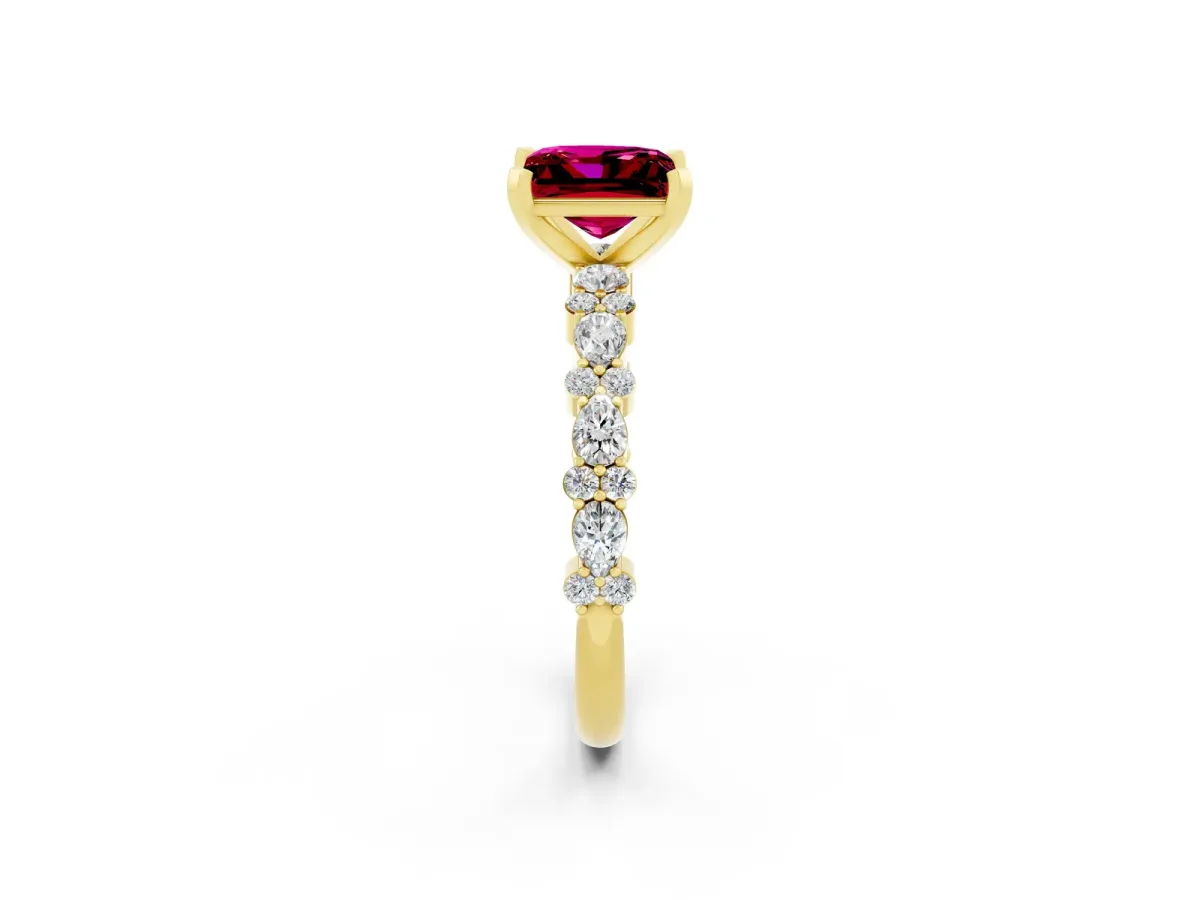 Princess Cut Garnet Side Stone Solitaire Ring with Round and Four-Prong Setting Yellow gold